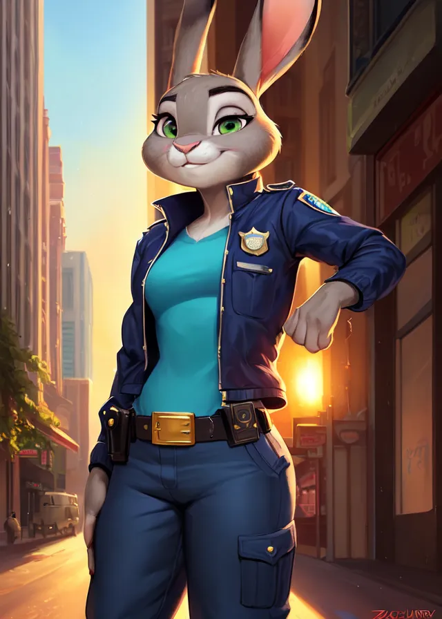 The image is of a female rabbit police officer. She is standing in a city street, with the sun setting behind her. She is wearing a blue police uniform, with a badge on her chest. She has a gun on her belt. She is looking at the viewer with a serious expression.