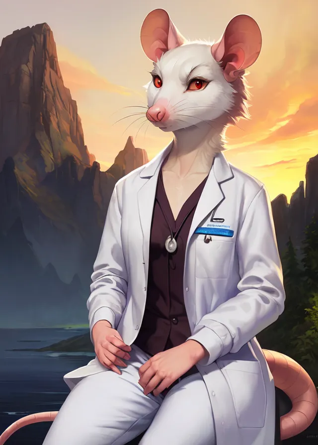 The image shows a white rat wearing a lab coat and a name tag that says "Dr. Whiskers". The rat is sitting on a rock in front of a lake with a mountainous background. The sun is setting and the sky is a gradient of orange and yellow. The rat is looking at the viewer with a serious expression.