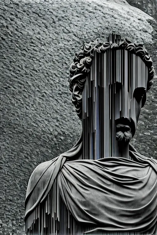 La imagen es una fotografía en blanco y negro de una estatua romana que ha sido alterada digitalmente. La estatua es de un hombre con el cabello corto y una barba. Lleva una toga. El fondo de la imagen es de un color gris claro. La estatua está en primer plano y mira al espectador. La estatua está hecha de mármol y tiene una superficie lisa. A la estatua le falta la cara. La cara de la estatua ha sido reemplazada por una serie de líneas verticales negras. Las líneas están espaciadas de manera desigual y le dan a la estatua una apariencia fantasmagórica. A la estatua también le falta el brazo izquierdo. El brazo derecho de la estatua está envuelto en una toga. La toga está hecha de mármol y tiene una superficie lisa. A la toga le falta el brazo izquierdo. El brazo derecho de la estatua está envuelto en una toga. La toga está hecha de mármol y tiene una superficie lisa.