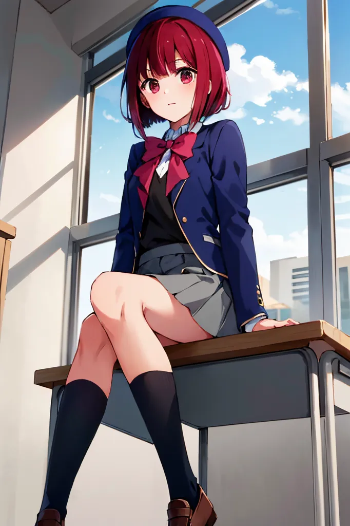 The image shows a young girl sitting on a desk in a classroom. She has short red hair, red eyes, and is wearing a school uniform consisting of a black blazer, white shirt, gray skirt, and red bow. She is also wearing brown shoes and black socks. The girl is sitting with her legs crossed and her hands resting on the desk. She is looking at the viewer with a serious expression. There is a window behind her with a view of the outside.