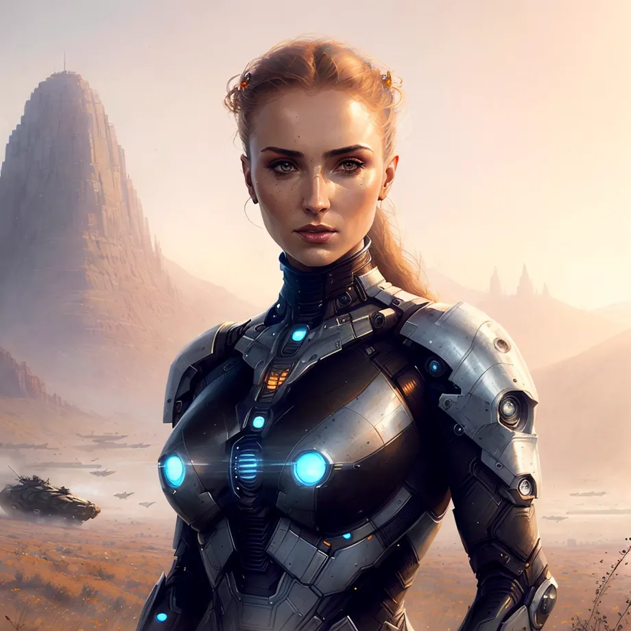 This is an image of a woman wearing a futuristic suit of armor. The armor is gray and blue, and it has a glowing blue light on the chest. The woman has long blonde hair and green eyes. She is standing in a desert landscape, and there are large rocks and mountains in the background.