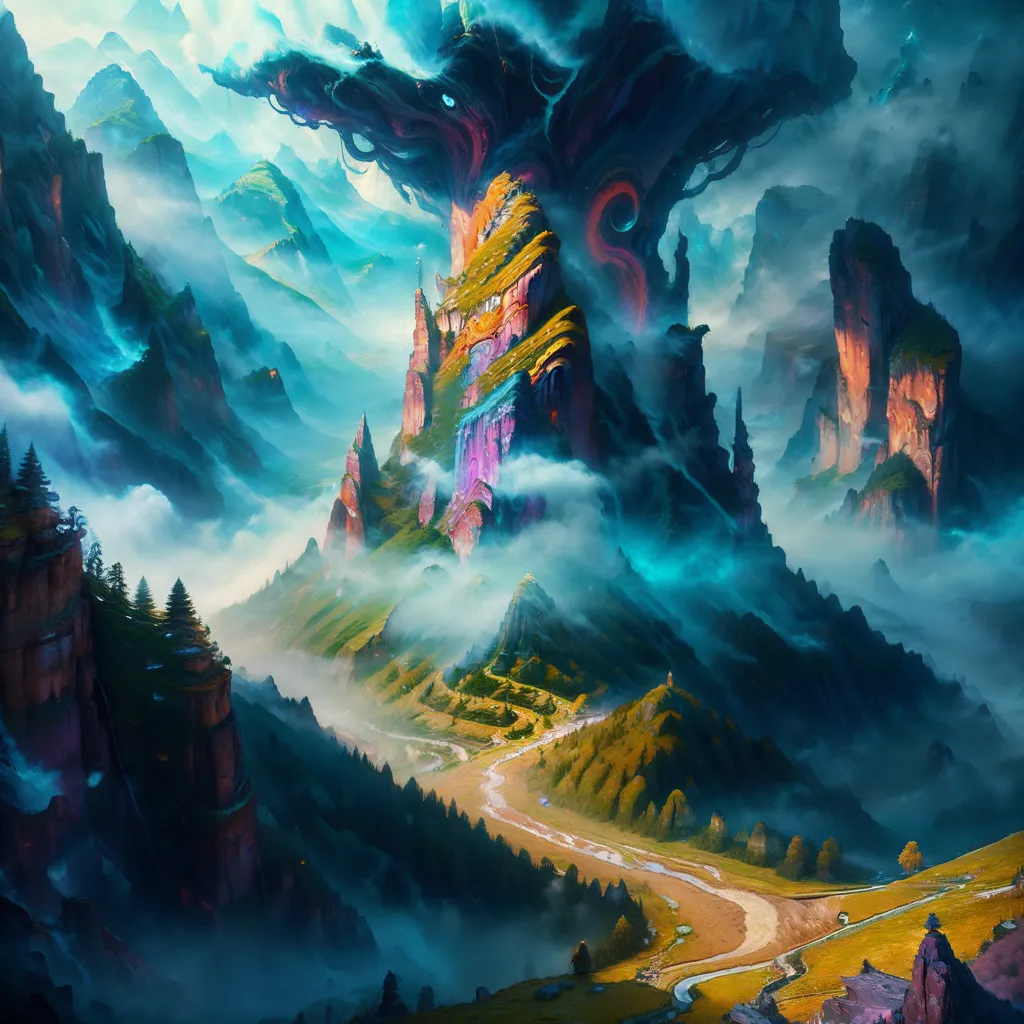 The image is a beautiful landscape painting of a mountain range. The mountains are covered in snow and ice, and there are clouds swirling around them. There is a large tree in the foreground, and a river running through the valley. The painting is done in a realistic style, and the colors are very vibrant. The image is very detailed, and you can see the individual snowflakes on the mountains. The painting is also very atmospheric, and you can feel the cold wind blowing through the valley.