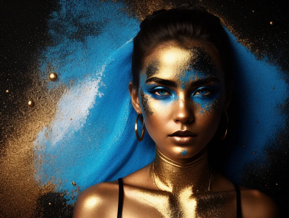 The image is a portrait of a young woman with dark hair and blue eyes. She is wearing a black dress and has gold and blue paint on her face and neck. There is blue powder around her head that looks like it was thrown at her. She is looking at the camera with a serious expression. The background is black.