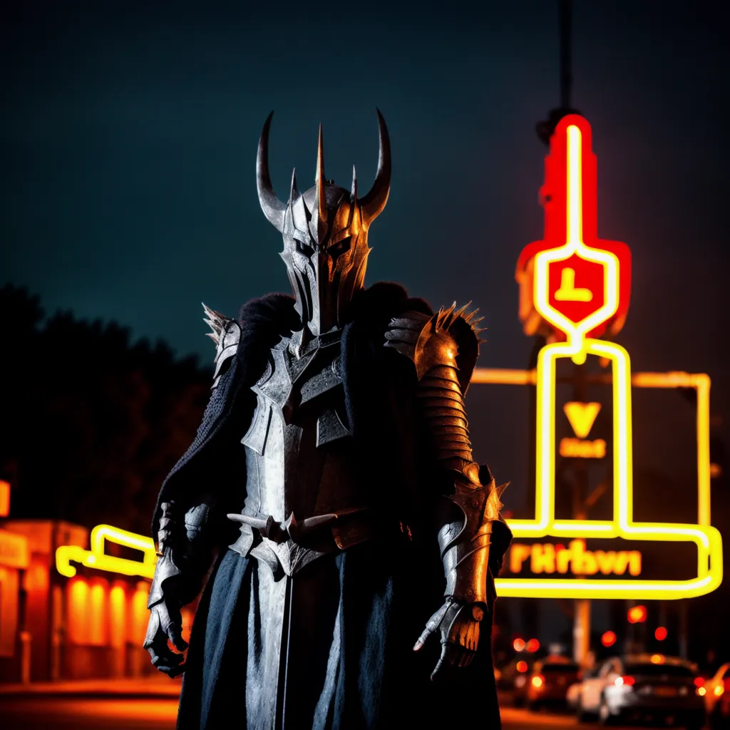 La imagen es una figura oscura con armadura de cuerpo completo y un casco con cuernos de pie frente a una cafetería retro con un letrero amarillo brillante. La figura está sosteniendo lo que parece ser una espada en su mano derecha. El fondo de la imagen muestra una calle con coches aparcados a un lado.