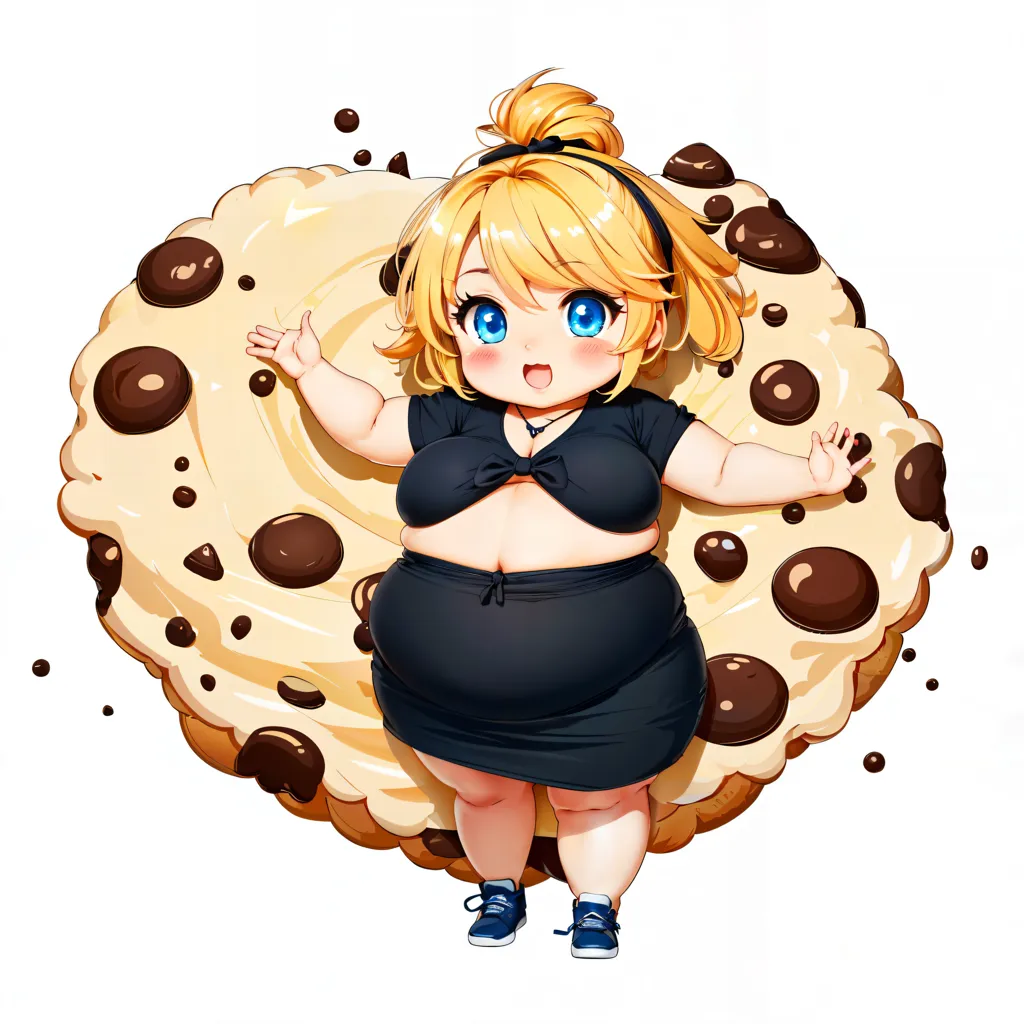 The image is of an anime-style girl with blonde hair and blue eyes. She is wearing a black crop top and a black skirt. She is standing on a giant chocolate chip cookie. The cookie has a white frosting and chocolate chips on top. The girl is smiling and has her arms outstretched. She is surrounded by chocolate chips.