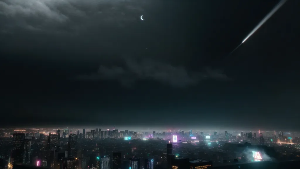 The image is a dark and moody cityscape. The sky is overcast with clouds and there is a crescent moon in the upper left corner. The city is full of tall buildings and skyscrapers, which are lit up by neon lights. There is a lot of traffic on the roads and in the air. The image is full of contrast and the colors are very saturated. The overall atmosphere of the image is one of mystery and intrigue.