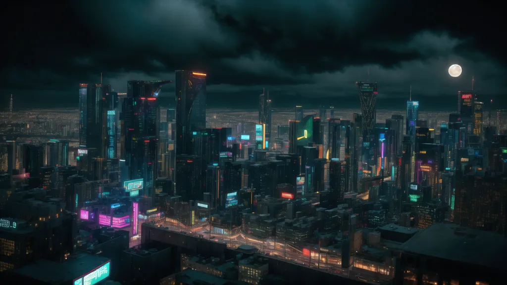 The image is a dark and moody cityscape. The sky is overcast with clouds and there is a full moon. The city is full of tall buildings, many of which are lit up with neon lights. There are also a number of flying cars and other vehicles. The overall atmosphere of the image is one of mystery and intrigue.