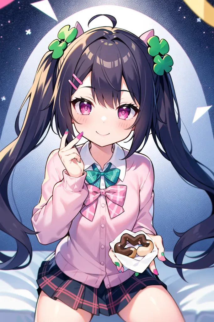 The image is of an anime girl with long black hair and purple eyes. She is wearing a pink sweater and a gray skirt. She has a green clover hair clip in her hair and is holding a plate of chocolate chip cookies. She is sitting on a bed and has a mischievous smile on her face. The background is a starry night sky.