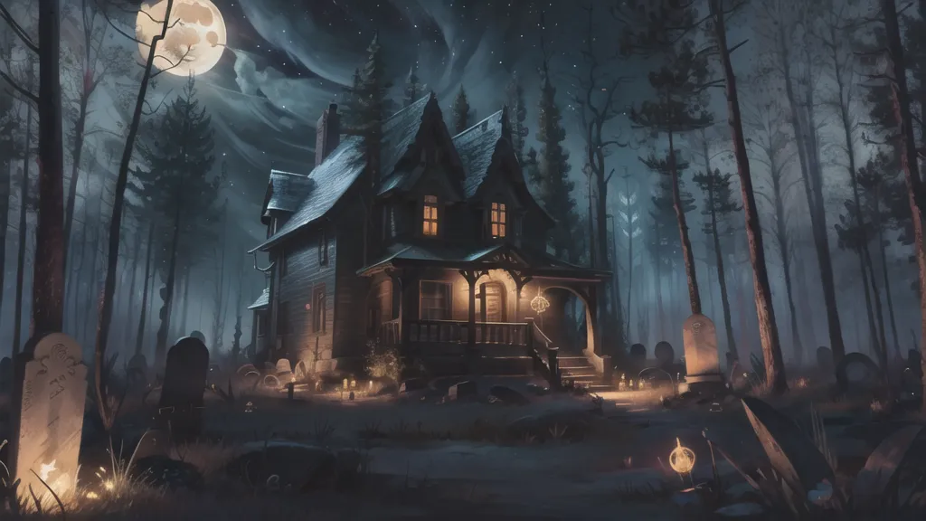 La imagen es una pintura oscura y sombría de una casa encantada. La casa parece estar situada en un bosque y tiene una luna llena en el fondo. La luna está rodeada de nubes oscuras y los árboles están desnudos. La casa es vieja y destartalada, con ventanas rotas y un techo hundido. El porche delantero está cubierto de malas hierbas y hay una gran telaraña en la esquina. La imagen está llena de atmósfera y suspense, y es fácil imaginar que la casa está embrujada por fantasmas.