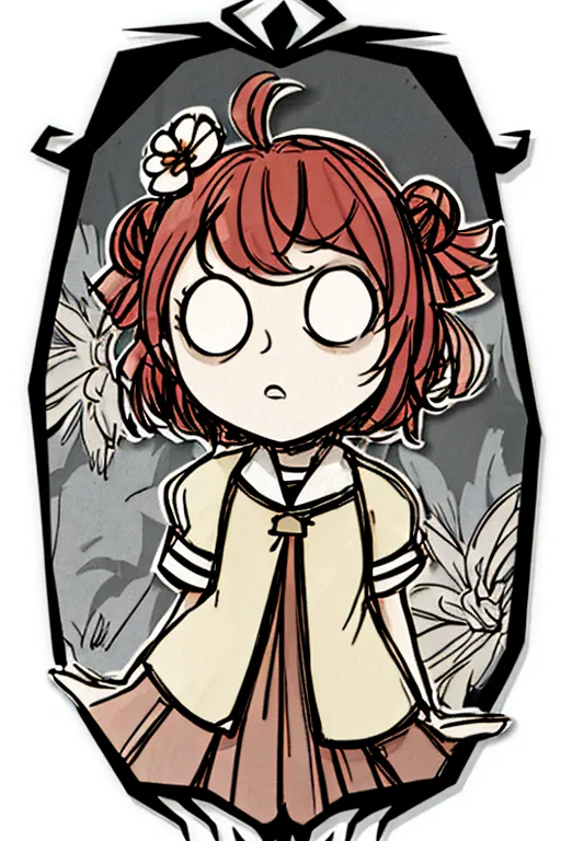 The image shows a girl with red hair and green eyes. She is wearing a white shirt, a brown skirt, and a yellow bow in her hair. She has a surprised expression on her face and is looking at something off-screen. The background is a dark grey and there are some white flowers in the background.