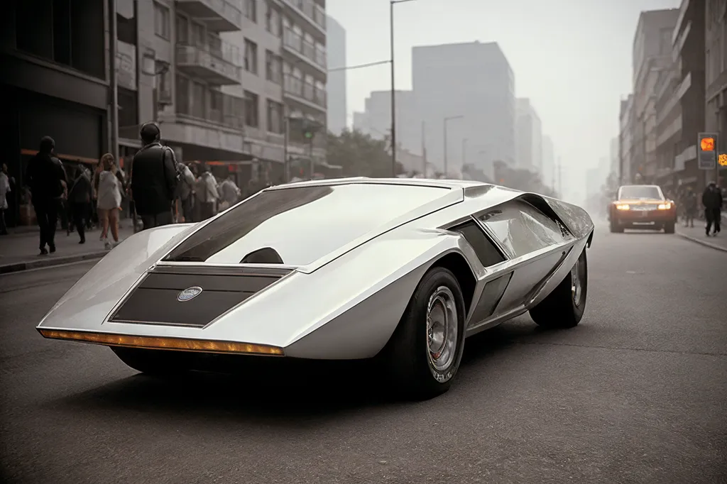 L'image montre une voiture futuriste argentée et noire roulant dans une rue de la ville. La voiture a un long capot pointu et un profil bas et élancé. La voiture est également très large, avec de grandes roues et pneus. La rue est bordée de grands bâtiments, et il y a des gens marchant sur le trottoir. L'image est dans des couleurs tamisées, et l'effet global est celui de mystère et d'intrigue.