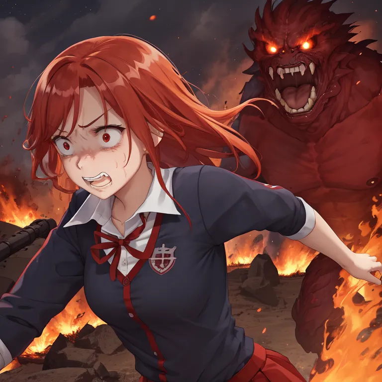 A girl with long red hair wearing a school uniform is running away from a large red monster with sharp teeth and claws. The monster is in the background and is partially obscured by the girl. The girl is in the foreground and is looking back at the monster with a fearful expression. She is wearing a white shirt, a red bow, and a gray skirt. The background is a fiery orange color.