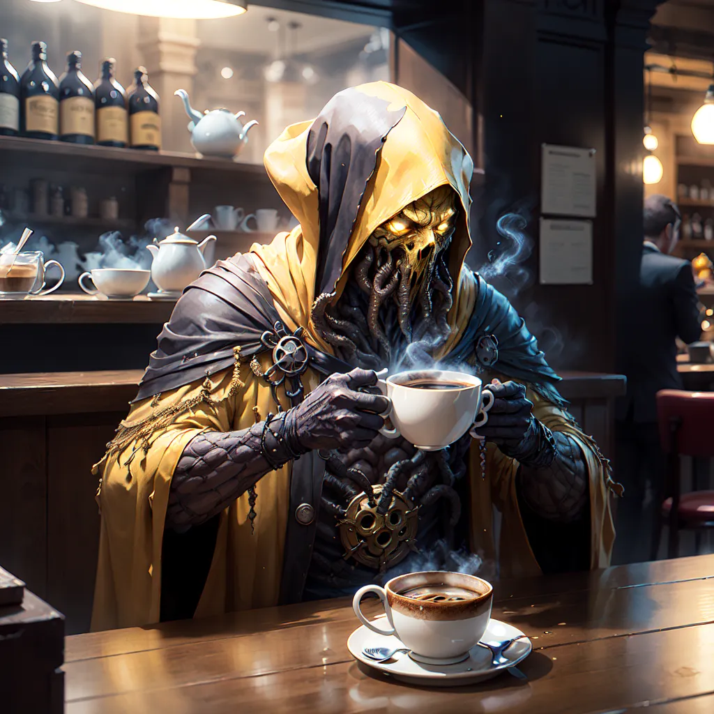 The image is of a coffee shop. There is a table with two chairs. One chair is empty. In the other chair sits a person wearing a yellow robe with a hood. The person's face is obscured by the hood, but their eyes are visible. They are yellow and glowing. The person is holding a coffee cup and saucer in both hands. There is steam rising from the cup. The person is wearing a necklace with a large pendant in the shape of a gear. The table is made of wood and has a dark brown finish. There is a plate on the table with a coffee cup and saucer on it. There is a small spoon on the saucer. There are two other tables in the coffee shop. One table is against the back wall and has a chessboard on it. The other table is in the foreground and has a potted plant on it. There are several people in the coffee shop. One person is standing at the counter talking to the barista. Another person is sitting at a table reading a book. A third person is walking towards the door. The people are all wearing casual clothes. The coffee shop is decorated with dark wood paneling and has a warm and inviting atmosphere.