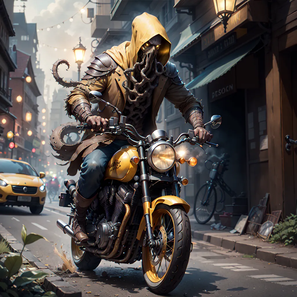 The image is of a person riding a motorcycle. The person is wearing a yellow raincoat and a mask that covers their face. The motorcycle is black and yellow. The person is riding in a city street with buildings on either side. There are cars parked on the side of the street. The street is wet from the rain.