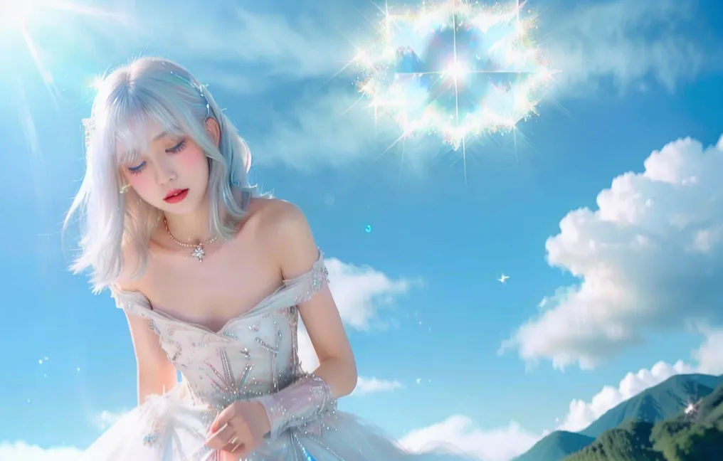 The image shows a beautiful young woman with long white hair and blue eyes. She is wearing a white wedding dress with an off-the-shoulder neckline and a long, flowing skirt. She is standing in a field of flowers, with a large, sparkling diamond floating in the sky above her. The woman is looking down at the ground, with a serene expression on her face. The image is set against a backdrop of blue sky and white clouds.