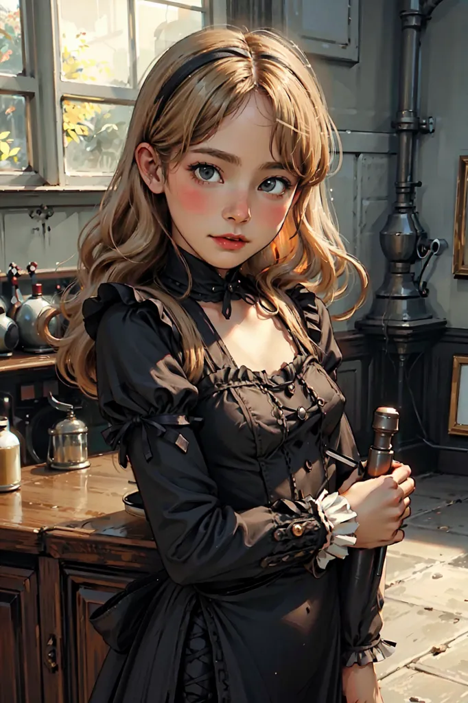 The image is a painting of a young woman with long blonde hair and blue eyes. She is wearing a black dress with a white collar and a black headband. She is standing in a kitchen, and there is a window behind her. On the table are various potions and a still life. The woman is holding a strange steampunk-looking contraption in her hands. She is looking at the viewer with a slightly puzzled expression on her face.