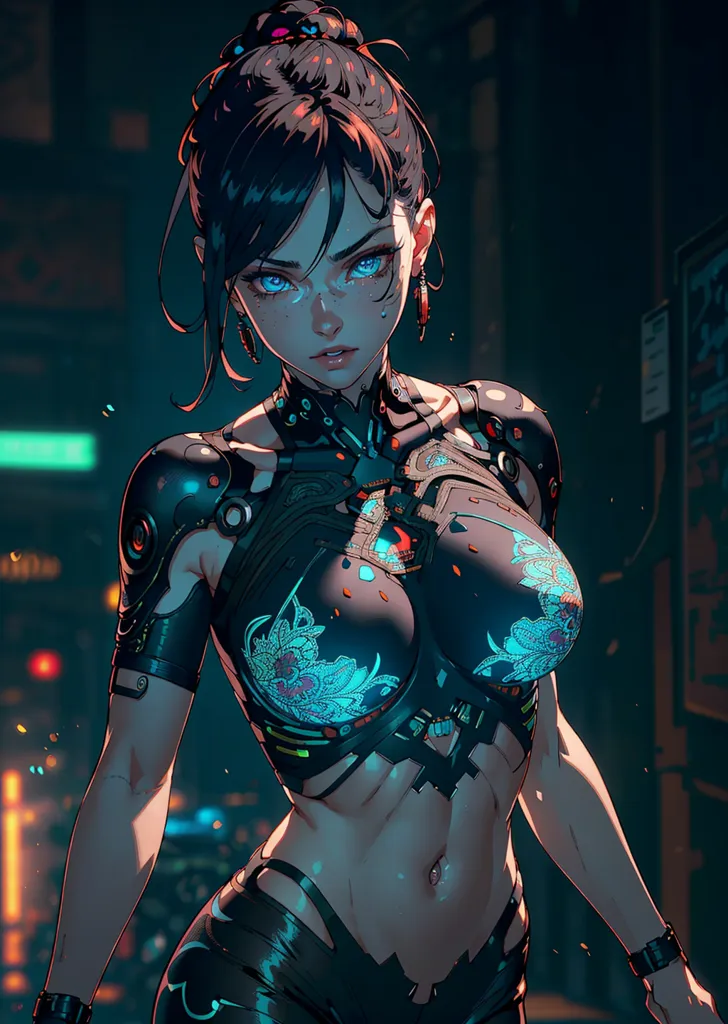 This is an image of a woman who appears to be a cyborg. She has dark hair and blue eyes, and her skin is pale. She is wearing a black and blue outfit that covers her chest and abdomen, and has a number of wires and other technological components attached to her body. She is also wearing a pair of earrings. The background of the image is dark and out of focus, and there is a light source on the left side of the image that is illuminating her face.