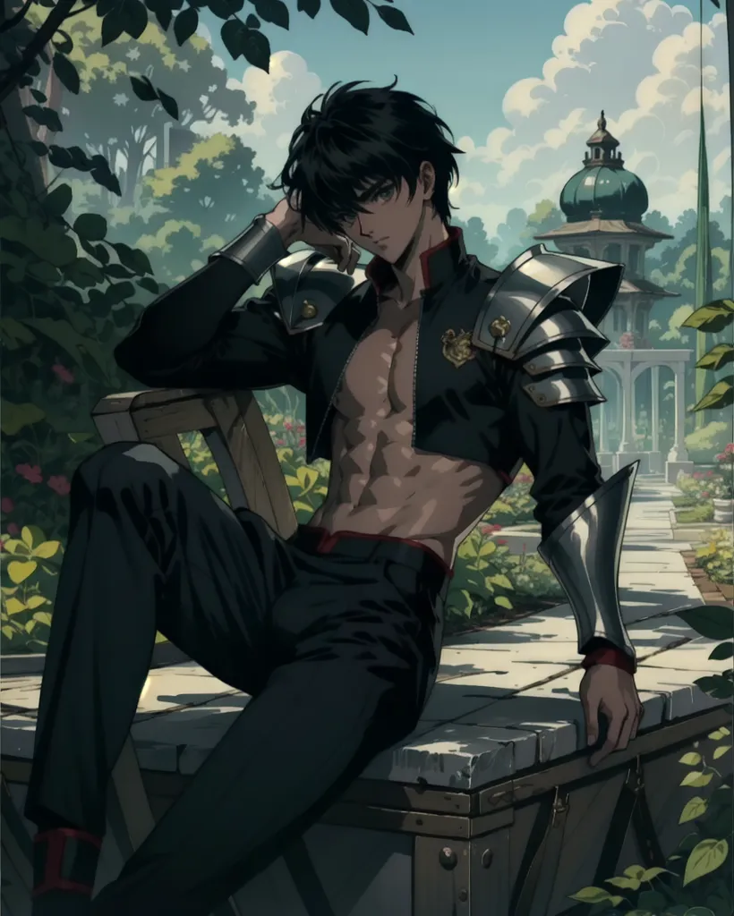 The image is of a young man with black hair and green eyes. He is sitting on a stone bench in a garden. He is wearing a black jacket, black pants, and silver shoulder pads. He has a sword on his left hip. He is looking at the viewer with a serious expression.