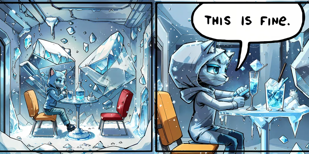 The image is a webcomic in two panels. The first panel shows a gray cat in a blue hoodie sitting at a table in a diner. The cat is holding a glass of water, and there is a large hole in the wall behind it. The second panel shows the same cat, now wearing a winter coat and hat, sitting at the same table. The diner is now covered in snow and ice, and the cat is saying, \