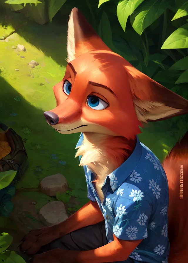 The image is a painting of a red fox in a blue Hawaiian shirt. The fox is sitting on a rock in a lush green forest. The fox has its eyes closed and is looking to the left. The painting is done in a realistic style and the fur on the fox is especially well done.