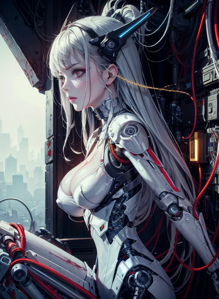 The image is a digital painting of a female cyborg. She has long white hair, red eyes, and a metallic body. She is wearing a white bodysuit with a black collar. There are a number of wires and cables attached to her body. She is sitting in a dark room with a large window in the background. The window is showing a city.