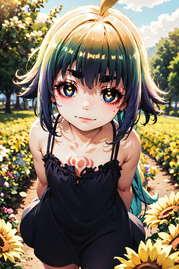 The image is a painting of a young girl with long green and yellow hair. She is wearing a black dress with a white collar. The girl is standing in a field of sunflowers. She has a shy smile on her face and is looking at the viewer with her big, round, yellow eyes. The painting is done in a realistic style and the colors are vibrant and lifelike.