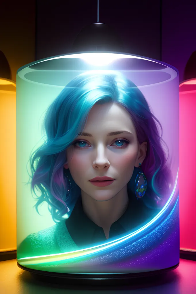 The image is a portrait of a beautiful woman with blue hair and blue eyes. She is wearing a white dress and has a light blue scarf around her neck. She is standing in a glass cylinder that is filled with a rainbow of colors. The background is dark.