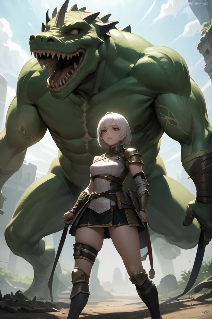 The image is of a green dinosaur-like creature with a white belly and a white-haired girl in armor standing in front of it. The dinosaur has its mouth open and is showing its teeth. The girl is holding a sword and is looking at the dinosaur with a determined expression. She is wearing a white and gray outfit with a brown belt. She also has brown boots and a brown bag on her hip. The background is a gray rocky landscape with some ruins in the distance.