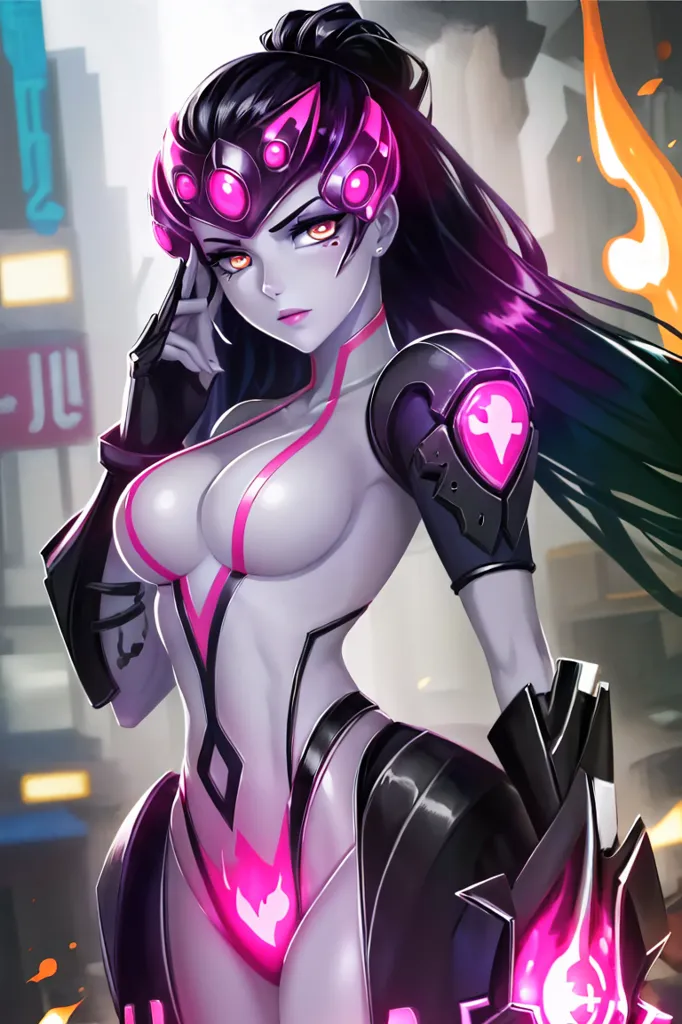 The picture shows a young woman with long black hair and purple eyes. She is wearing a black and purple bodysuit with a pink heart-shaped gem on her chest. She is also wearing a pair of black gloves and boots. She has a confident expression on her face and is looking at the viewer with her right hand on her hip and the other near her head. There are flames on the background on both sides.