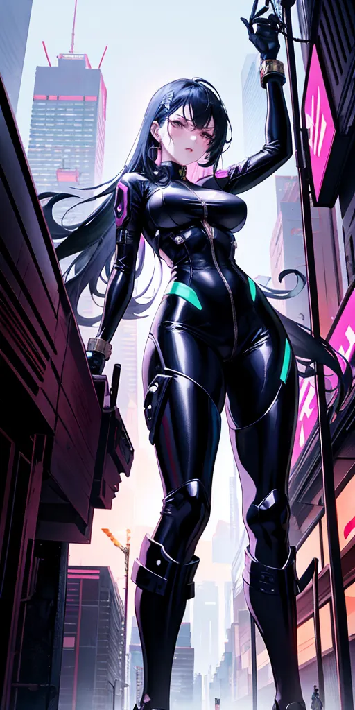 The image shows a tall, slender woman with long black hair and purple eyes. She is wearing a black bodysuit with green highlights and various technological gadgets. She is standing in a futuristic city with tall buildings and neon lights. There are also a few cars flying around in the background. The woman is looking down at the viewer with a confident expression.