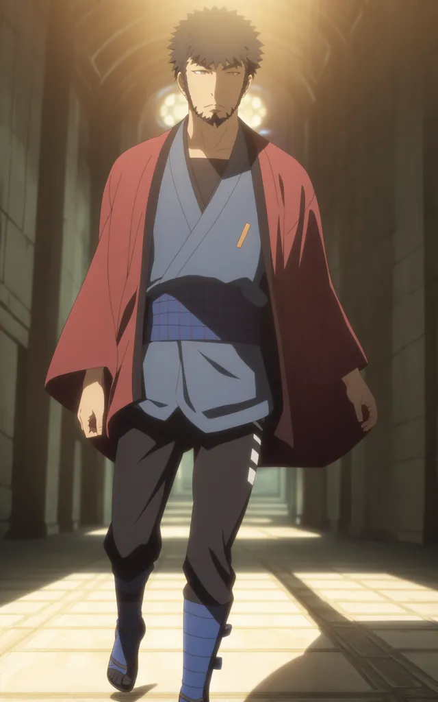 The image is of a man with dark hair and a beard. He is wearing a red kimono with a blue sash and black pants. He is also wearing blue and white tabi socks and black sandals. He has a determined expression on his face and is walking with purpose. The background is a long hallway with large pillars and a bright light at the end.