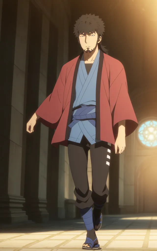 Ceci est une image d'un personnage d'anime. Il porte une veste de style kimono rouge avec une écharpe bleue et un pantalon noir. Il a les cheveux foncés et les yeux bruns. Il porte également des chaussettes rayées bleu et blanc ainsi que des sandales marron. Il se tient dans un couloir avec un air déterminé sur le visage.