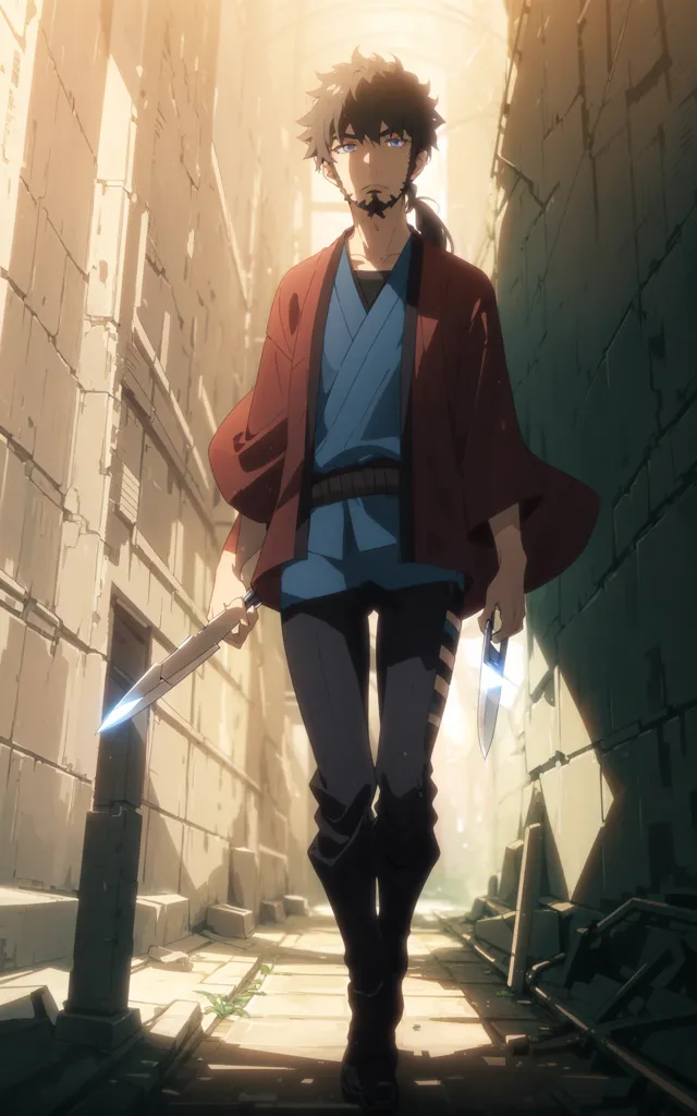 This is an image of a man walking down a narrow alleyway. He is dressed in a red and blue kimono and has a sword in each hand. He has a determined look on his face, as if he is on a mission. The background is blurry, but it looks like there are buildings on either side of the alleyway. The man is wearing a white headband and has a small beard. He is also wearing a blue sash around his waist. The man's expression is serious and focused. He seems to be in a hurry, as he is walking quickly and purposefully.