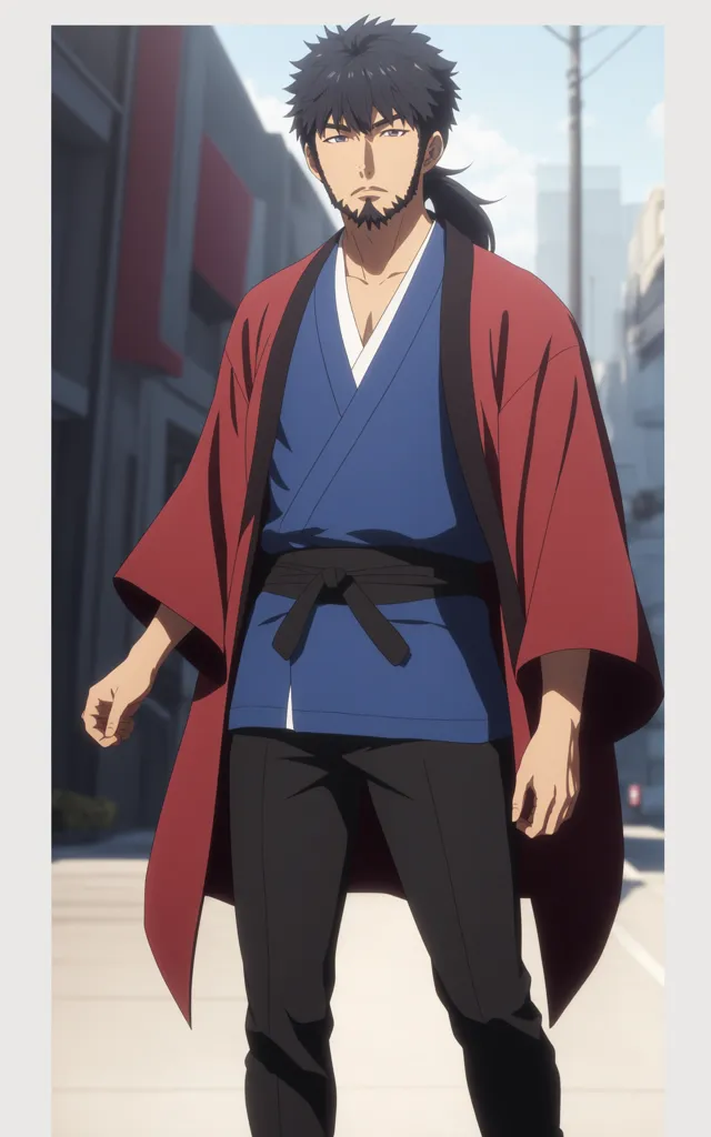 The image shows a man wearing a red haori over a blue kimono and black pants. He has long black hair and a beard and is wearing a black belt. He is standing in a street with a city in the background.