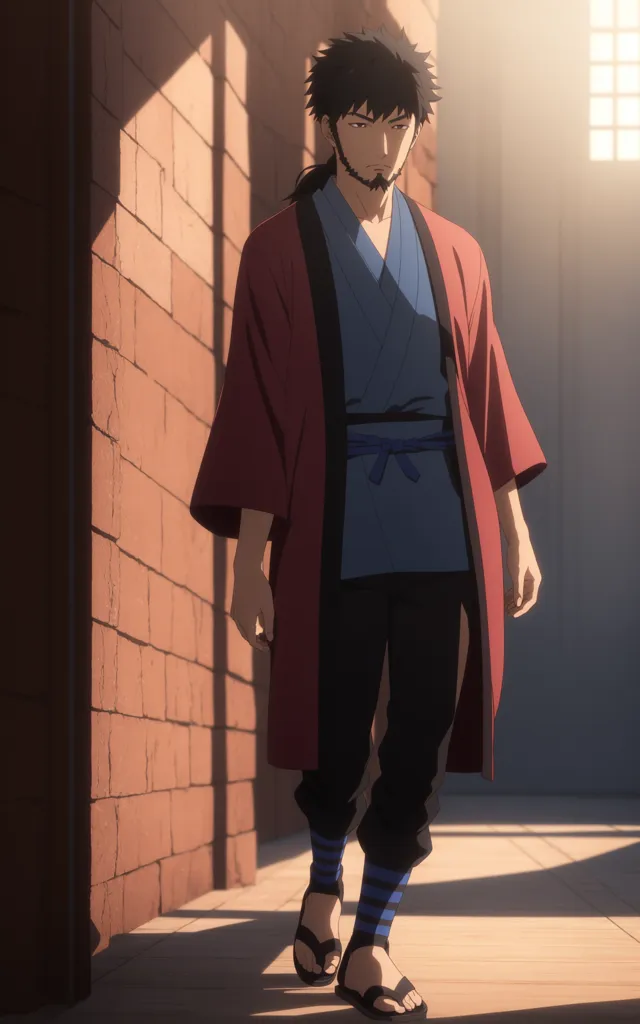 Esta é uma imagem de um homem vestindo um quimono vermelho e calças hakama azuis. Ele também está usando meias listradas de azul e branco e sandálias marrons. Ele tem cabelos longos e pretos e uma barba. Ele está em pé em um corredor com paredes de tijolos e um piso de madeira. Há uma luz vindo do lado direito da imagem.