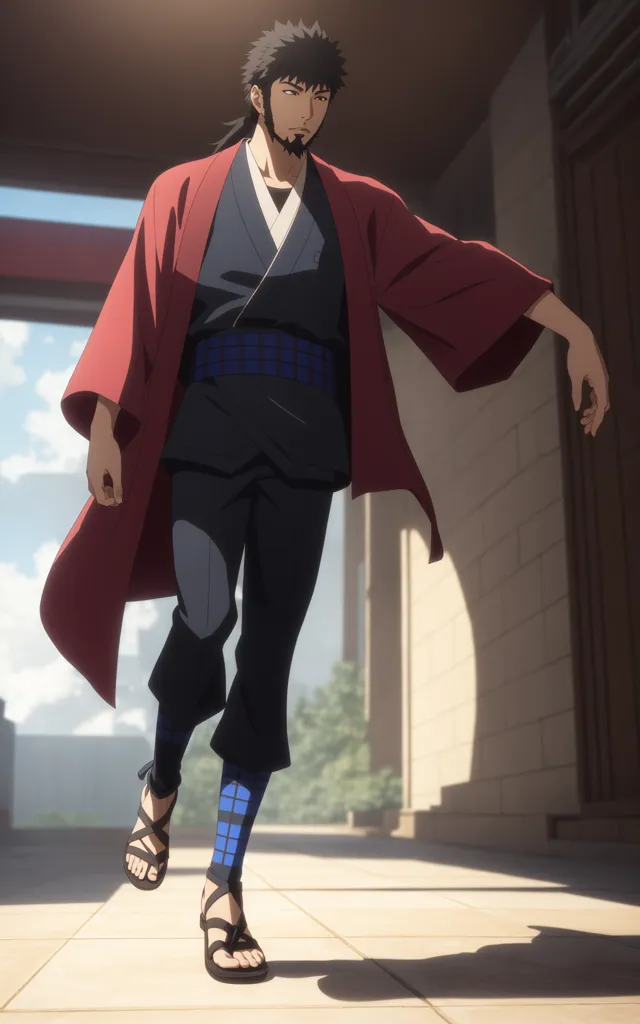 The image is of a man with long black hair and a beard. He is wearing a red kimono with a black and blue plaid sash and black pants. He is also wearing blue socks and brown sandals. He has a determined expression on his face and is walking with purpose. The background is of a Japanese-style building with a red gate and a stone wall.