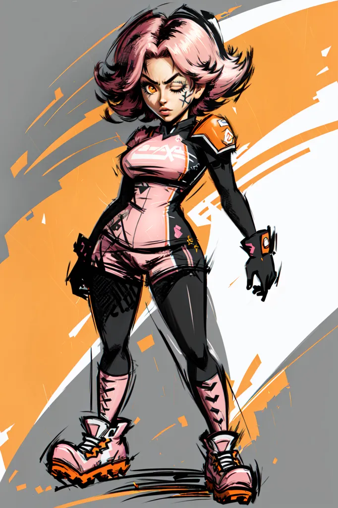 The image is of a young woman with pink hair and brown eyes. She is wearing a black and pink outfit with a white stripe down the side. She is also wearing gloves and boots. The woman is standing in a confident pose with one hand on her hip and the other holding a gun. She has a determined expression on her face. The background of the image is a grey and orange blur.