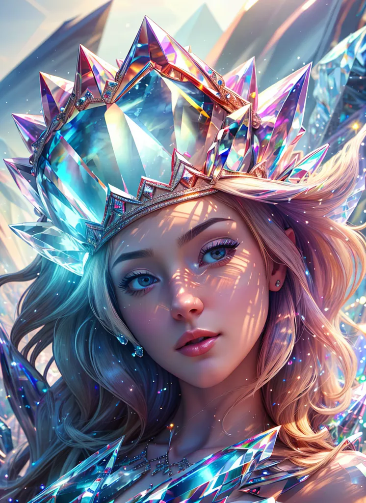 Esta es una imagen de una mujer con el cabello rubio largo y ojos azules. Lleva una corona hecha de diamantes y cristales. La corona es muy grande y elaborada, y cubre la mayor parte de su cabeza. El cabello de la mujer queda fuera de la corona y cae por sus hombros en ondas sueltas. Lleva un vestido blanco con escote de corazón. El vestido está cubierto de pequeños diamantes y cristales, y brilla a la luz. La mujer está de pie frente a un fondo blanco, y mira al espectador con una expresión seria en su rostro.