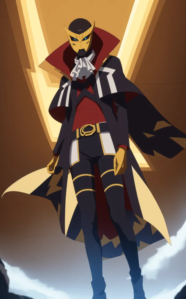 Esta imagem mostra um personagem de um anime. Ele está usando um macacão preto e vermelho com uma capa amarela e uma gravata branca. Ele também tem uma máscara no rosto com dois olhos azuis. Ele está em pé em uma plataforma amarela com uma grande forma de V amarela atrás dele.