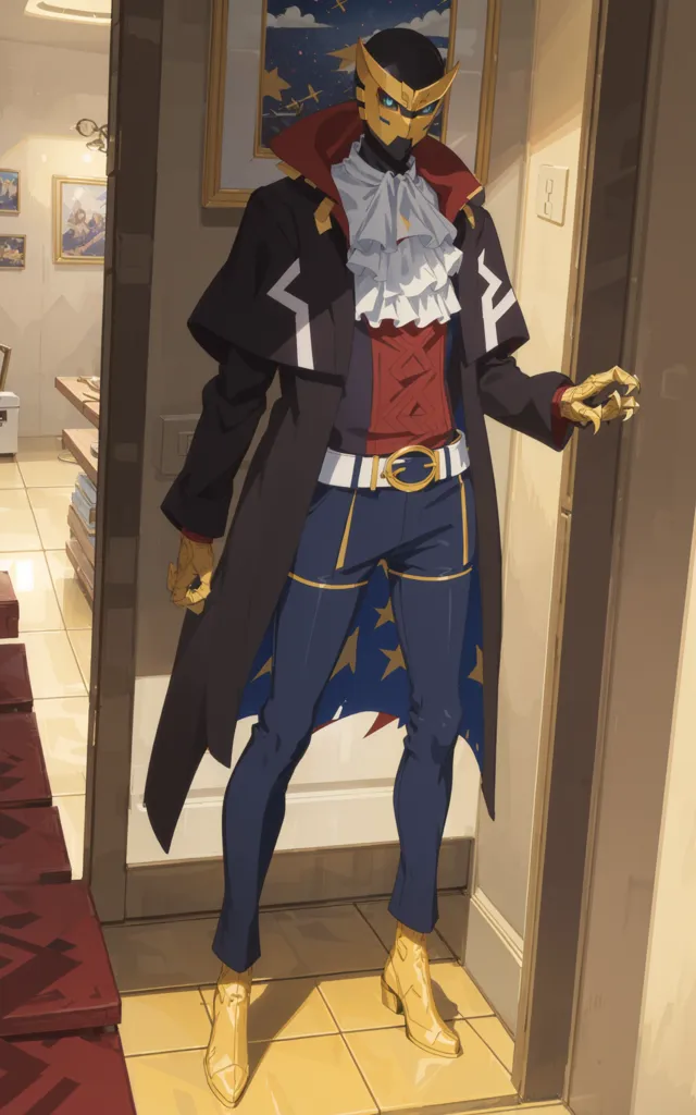 The image is of a man wearing a black and gold suit with a white and red cravat. He has a mask on his face and is wearing a black cape. He is standing in a doorway with one hand on the door frame and the other at his side. He has gold boots on and there are paintings on the walls behind him.