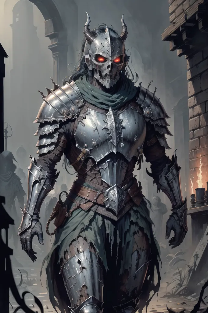 The image is of a female death knight. She is wearing a full set of plate armor, and her face is hidden by a skull-like helmet. Her eyes are glowing red, and she has long, black hair. She is standing in a dark, ruined city, and there are other undead creatures visible in the background.