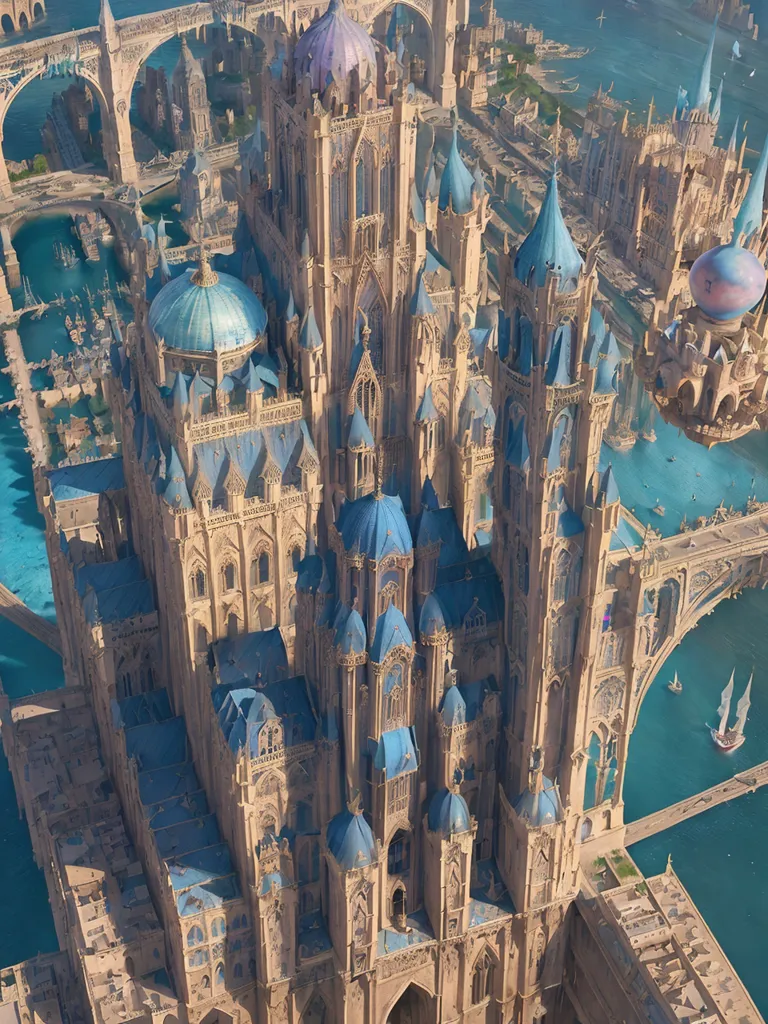 La imagen es de un castillo o catedral grande e imponente. Está construido en estilo gótico, con torres y arcos altos y puntiagudos. El exterior del edificio está hecho de piedra blanca y el techo está cubierto de tejas azules. El edificio está rodeado de un foso y hay un puente grande que conduce a la entrada. Hay muchas personas en el puente y todas llevan ropa medieval. La imagen es muy detallada y transmite bien el tamaño y la grandeza del edificio.