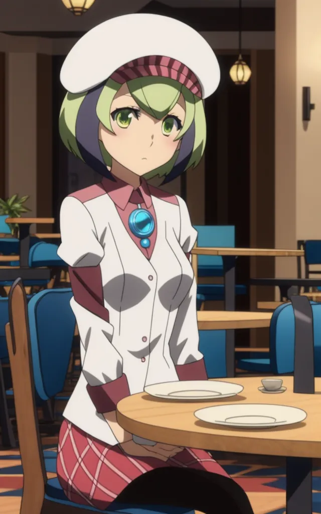 The image shows a young woman with green hair and eyes. She is wearing a white chef's hat, a white shirt with a red collar, and a red and white skirt. She is sitting at a table in a restaurant, looking at the viewer with a slightly puzzled expression.