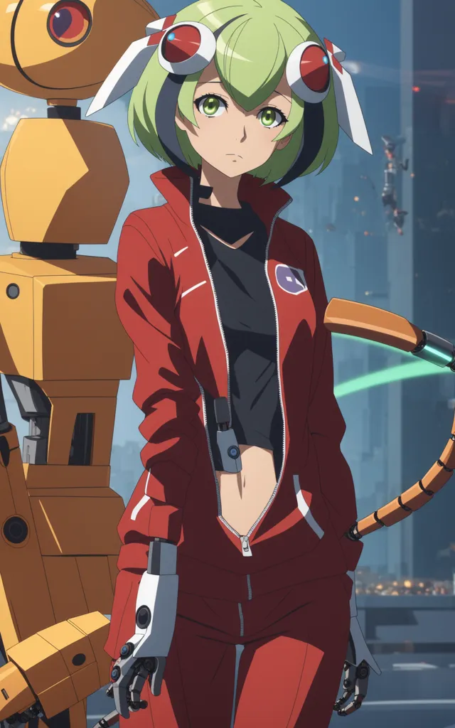 The picture shows a young woman standing in front of a large robot. The woman is wearing a red and black outfit with green hair and green eyes. She has a confident expression on her face, crossed arms, and is looking at the viewer. The robot is yellow and black with a large eye on its head. It is standing behind the woman and has its arms crossed as well. The background is a blurred city.