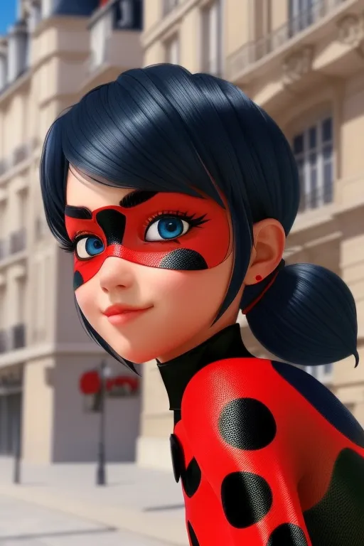 The image shows an animated character, Ladybug, from the popular TV series "Miraculous: Tales of Ladybug & Cat Noir". She is standing in a city street, with a determined expression on her face. She is wearing her signature red and black spotted suit, with a black mask covering her eyes. Her hair is up in a ponytail, and she has a red earring in her left ear. The background of the image is blurred, with a few buildings and a streetlight visible.