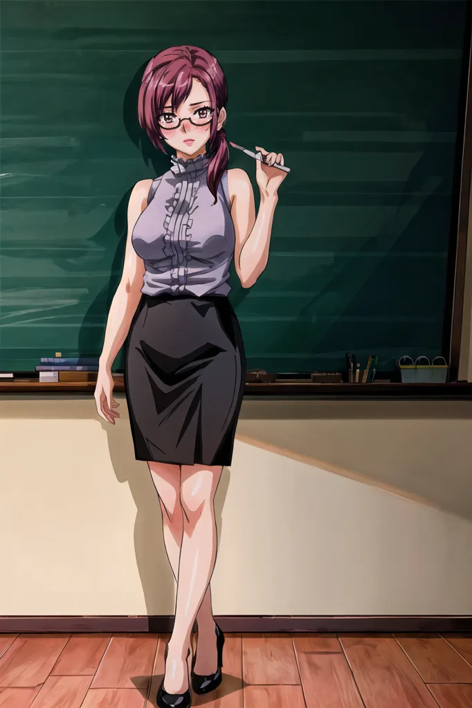 The image shows a young woman standing in front of a blackboard. She is wearing a fitted grey blouse with a ruffled collar and a black pencil skirt. She has long brown hair and purple eyes. She is holding a pen in her right hand and has her left hand on her hip. She is looking at the viewer with a serious expression.