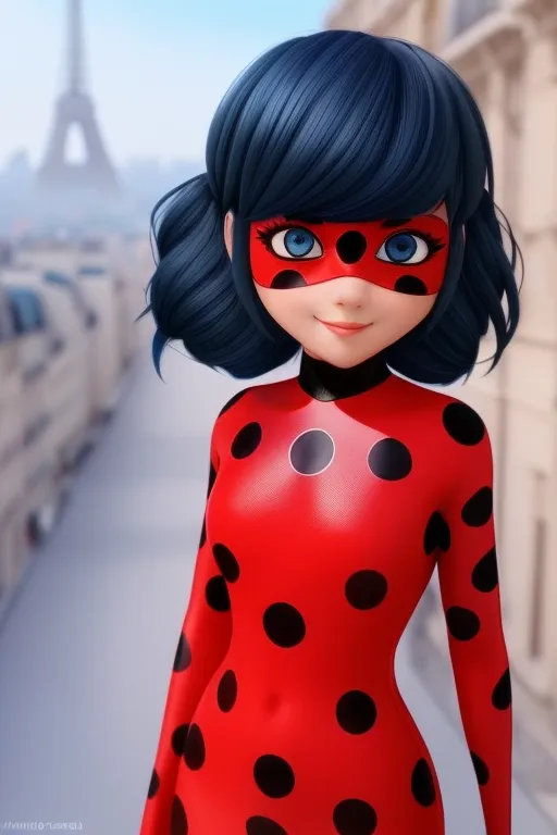 La imagen muestra a un personaje animado llamado Ladybug de la popular serie de televisión Miraculous: Las Aventuras de Ladybug y Cat Noir. Ella está de pie en un tejado en París, con la Torre Eiffel de fondo. Lleva su traje característico de lunares rojos y negros con una máscara negra, y su cabello está peinado en dos coletas. Tiene una sonrisa confiada en su rostro y mira al espectador.