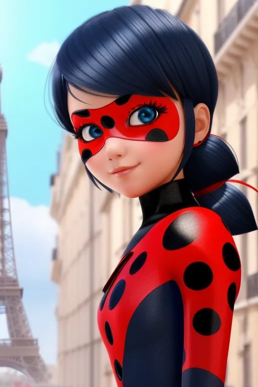 The image shows an animated character named Ladybug from the TV series Miraculous: Tales of Ladybug & Cat Noir. She is standing in front of the Eiffel Tower in Paris. She is wearing a red and black spotted bodysuit with a black mask and a red yo-yo. Her hair is blue and black and she has blue eyes. She is smiling at the viewer.