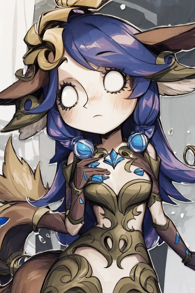 The image is of a chibi version of the character Ahri from the League of Legends video game. She is depicted with her signature blue hair and fox ears, wearing a green and brown outfit. Her expression is one of surprise, with her eyes wide open and her mouth slightly agape. She is standing in a forest setting, with trees and leaves in the background.