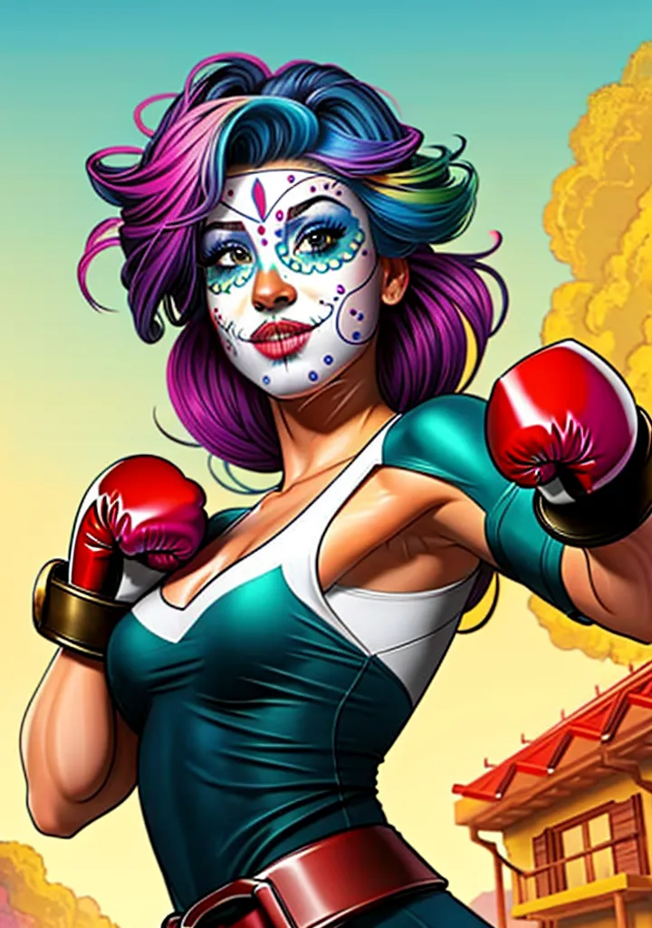 The image shows a young woman with blue and purple hair. She is wearing boxing gloves and has a sugar skull painted on her face. She is wearing a green and white outfit and has a confident expression on her face. She is standing in front of a colorful background with a house in the distance.